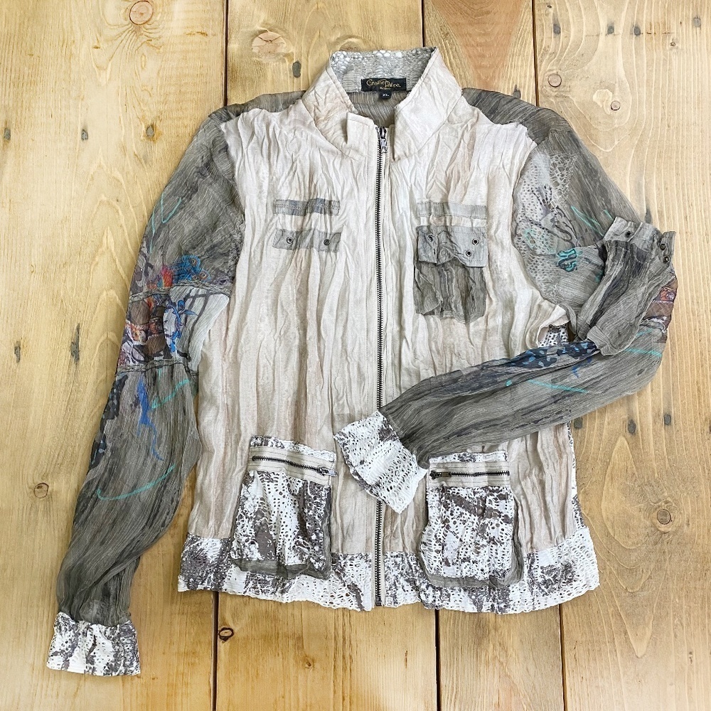 Embellished Neutral Crinkle Zip-Front Jacket
